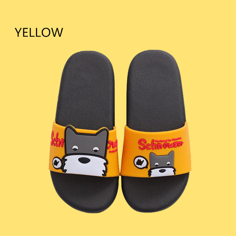 Stevvex kids yellow dog slide sandals pair with cartoon Schnauzer graphic and black footbeds on Tampa Home & Garden Store