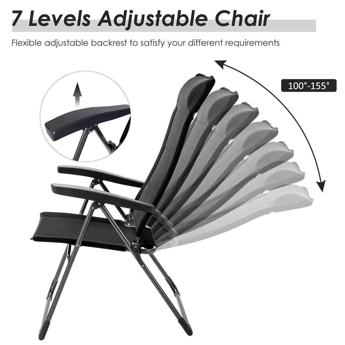 GemGear 2-pack folding chairs with headrests, black fabric, 7-level adjustable backrest on Tampa Home & Garden Store