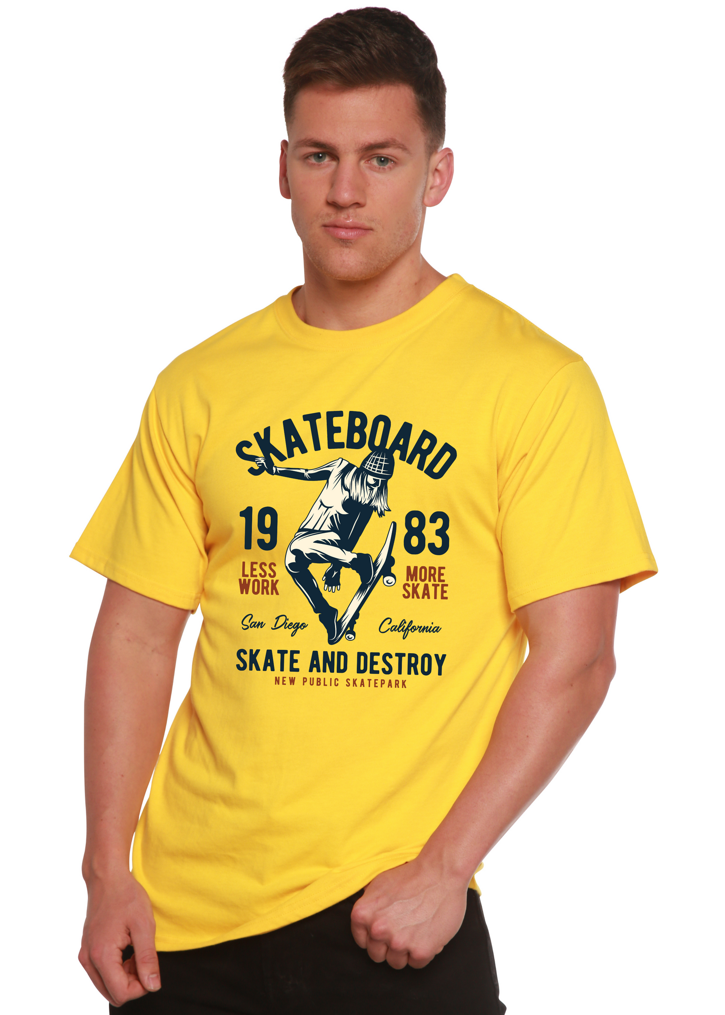Skateboard graphic T-shirt yellow bamboo viscose/organic cotton by Spun Bamboo, men's printed top on Tampa Home & Garden Store