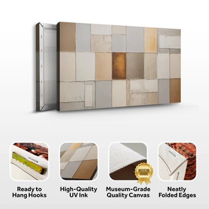 Earth Tones Patchwork Geometric Wall Art canvas featuring neutral beige gray taupe tile blocks on Tampa Home & Garden Store