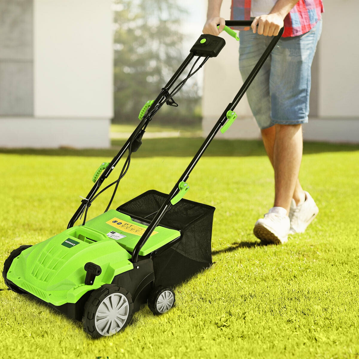 Escarificador eléctrico de 13 pulgadas y 12 amperios con bolsa recolectora y cuchillas extraíbles - Verde