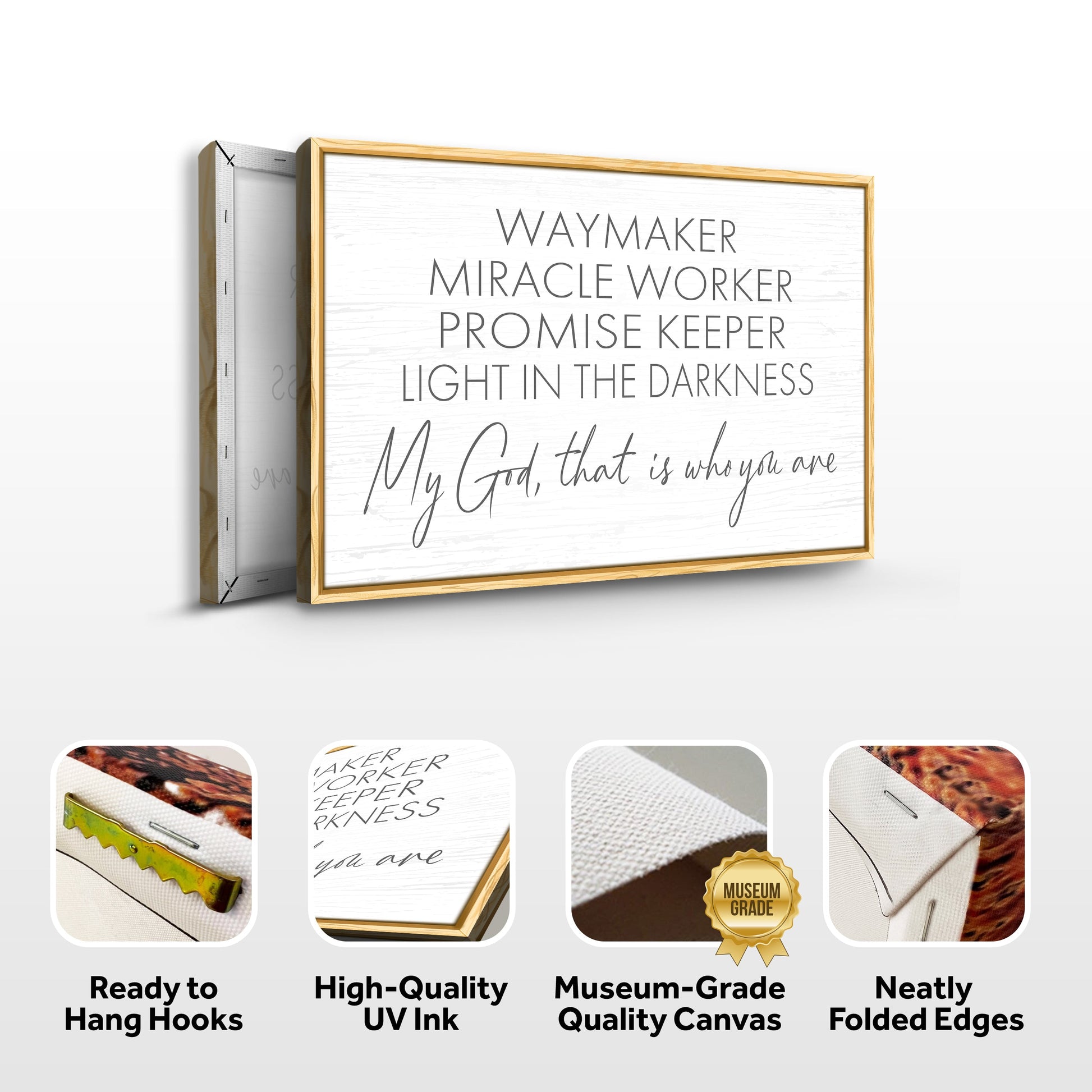 My God Way Maker Miracle Worker Faith Sign II canvas with light wood frame on Tampa Home & Garden Store