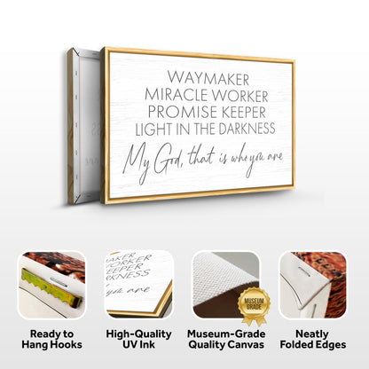 My God Way Maker Miracle Worker Faith Sign II canvas with light wood frame on Tampa Home & Garden Store