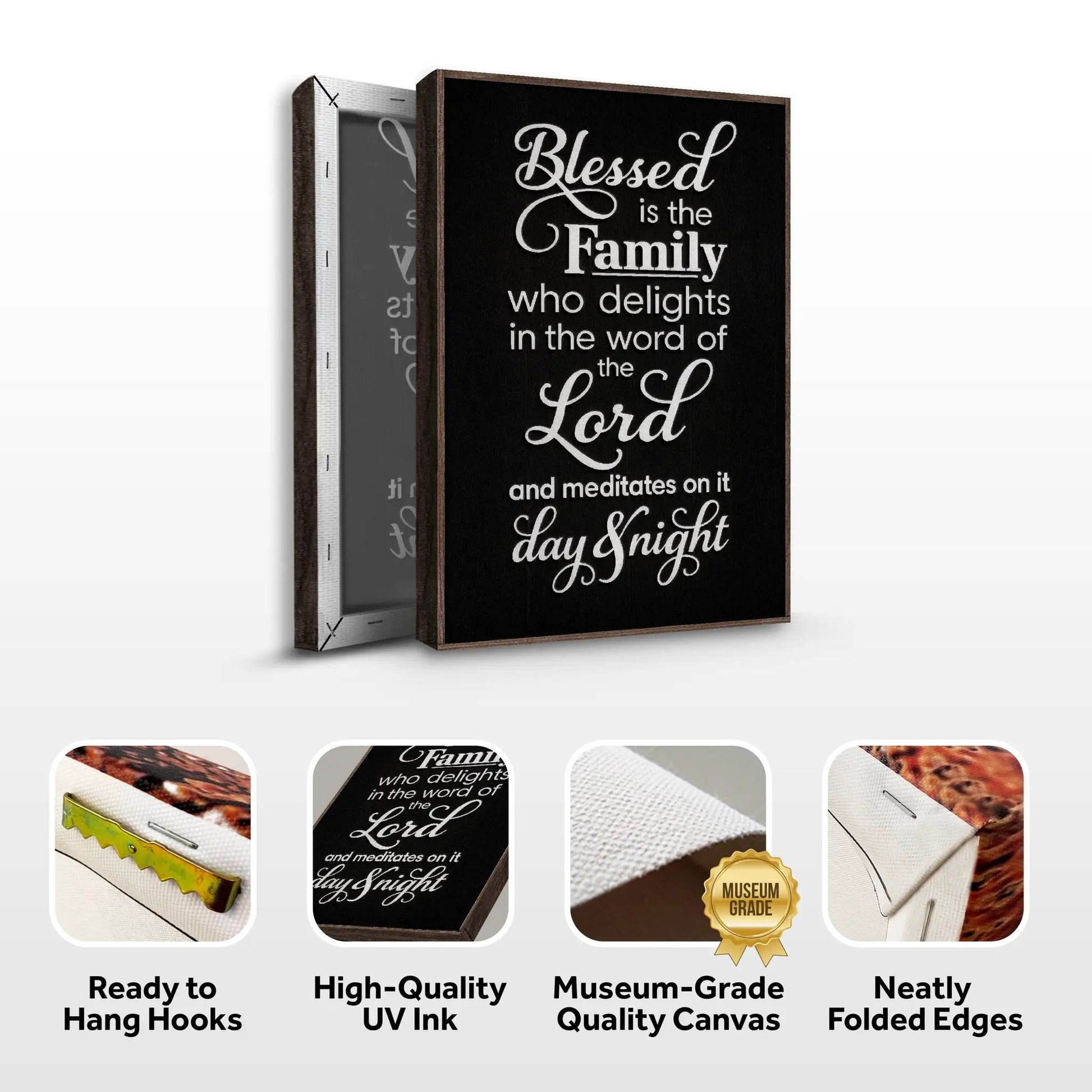 Canvas Blessed Is The Family sign by Tailored Canvases in black with white script on a wood frame on Tampa Home & Garden Store