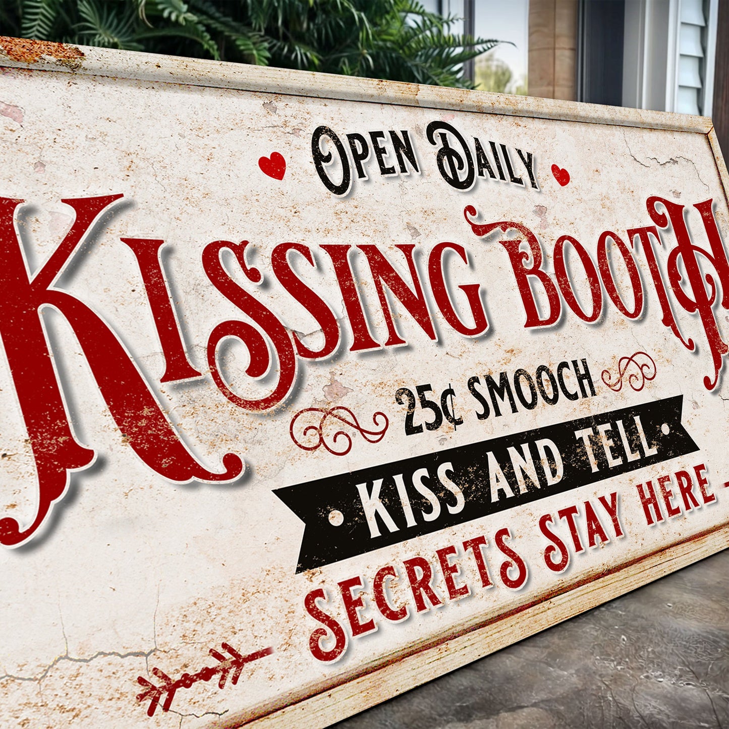 Vintage Rustic Kissing Booth Sign IV canvas by Tailored Canvases with weathered surface and red lettering on Tampa Home & Garden Store