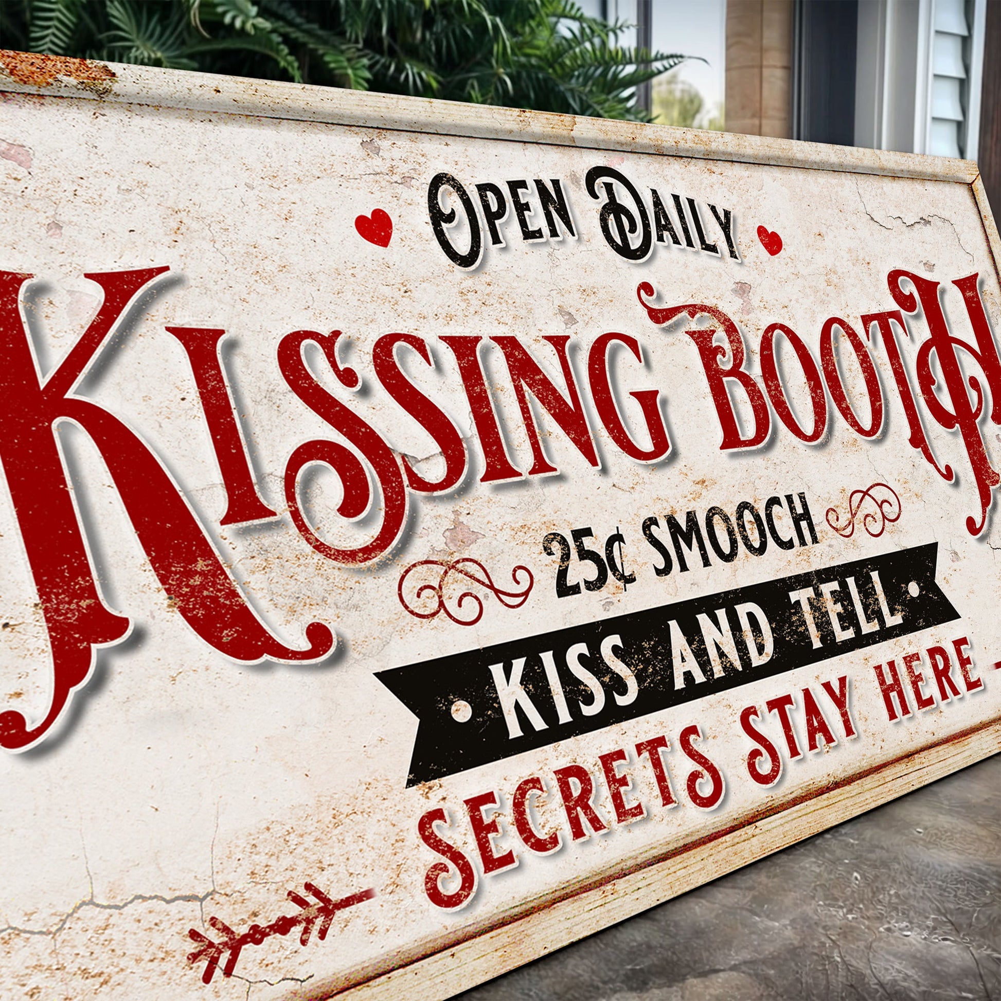 Vintage Rustic Kissing Booth Sign IV canvas by Tailored Canvases with weathered surface and red lettering on Tampa Home & Garden Store