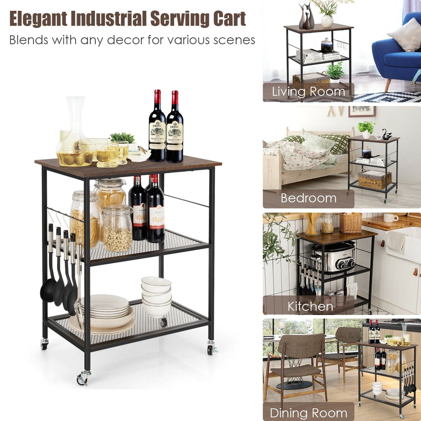 Carrito de servicio de cocina de 3 niveles, estante utilitario para microondas con ganchos, marrón