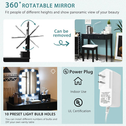 Tocador con Espejo Iluminado para Dormitorio y Vestidor - Negro