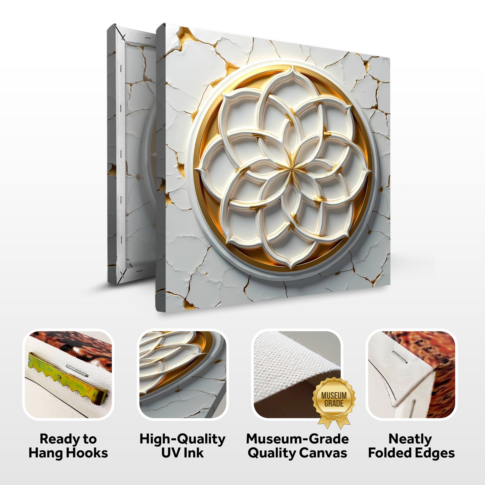 Flower Of Life Wall Art Canvas by Tailored Canvases white with gold embossed circular motif on Tampa Home & Garden Store
