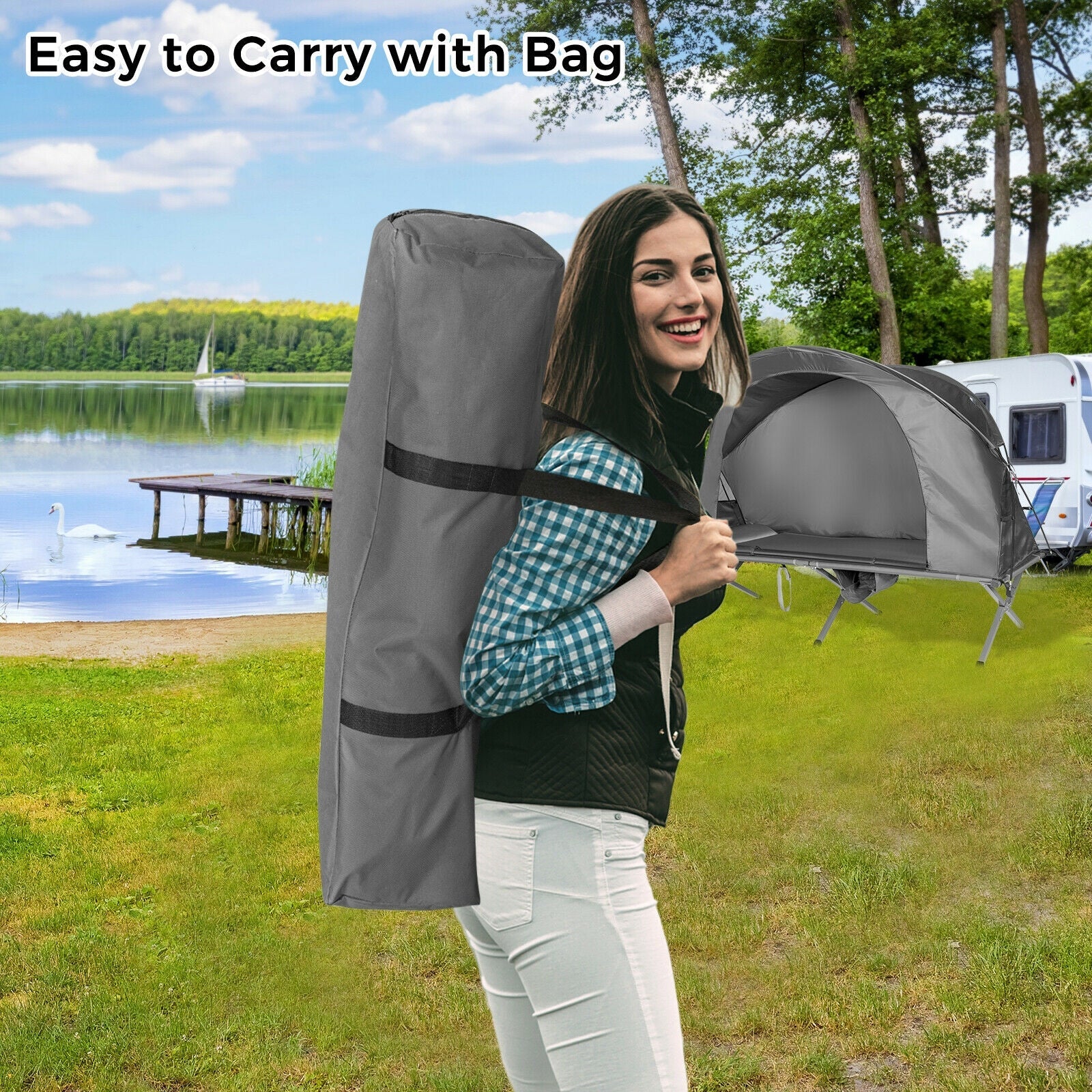 GemGear 2-Person Outdoor Tent with External Cover in bag carried by smiling woman by lake on Tampa Home & Garden Store