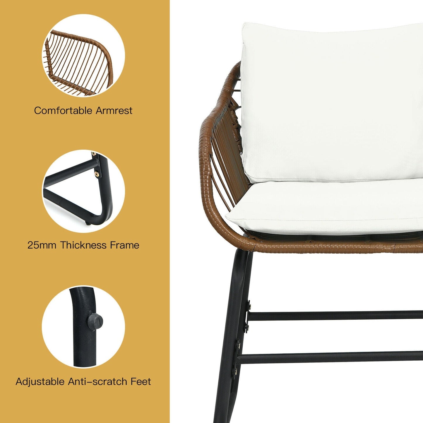 Juego de bistró de ratán para patio de 3 piezas, silla acolchada, mesa de cristal, para terraza, blanco