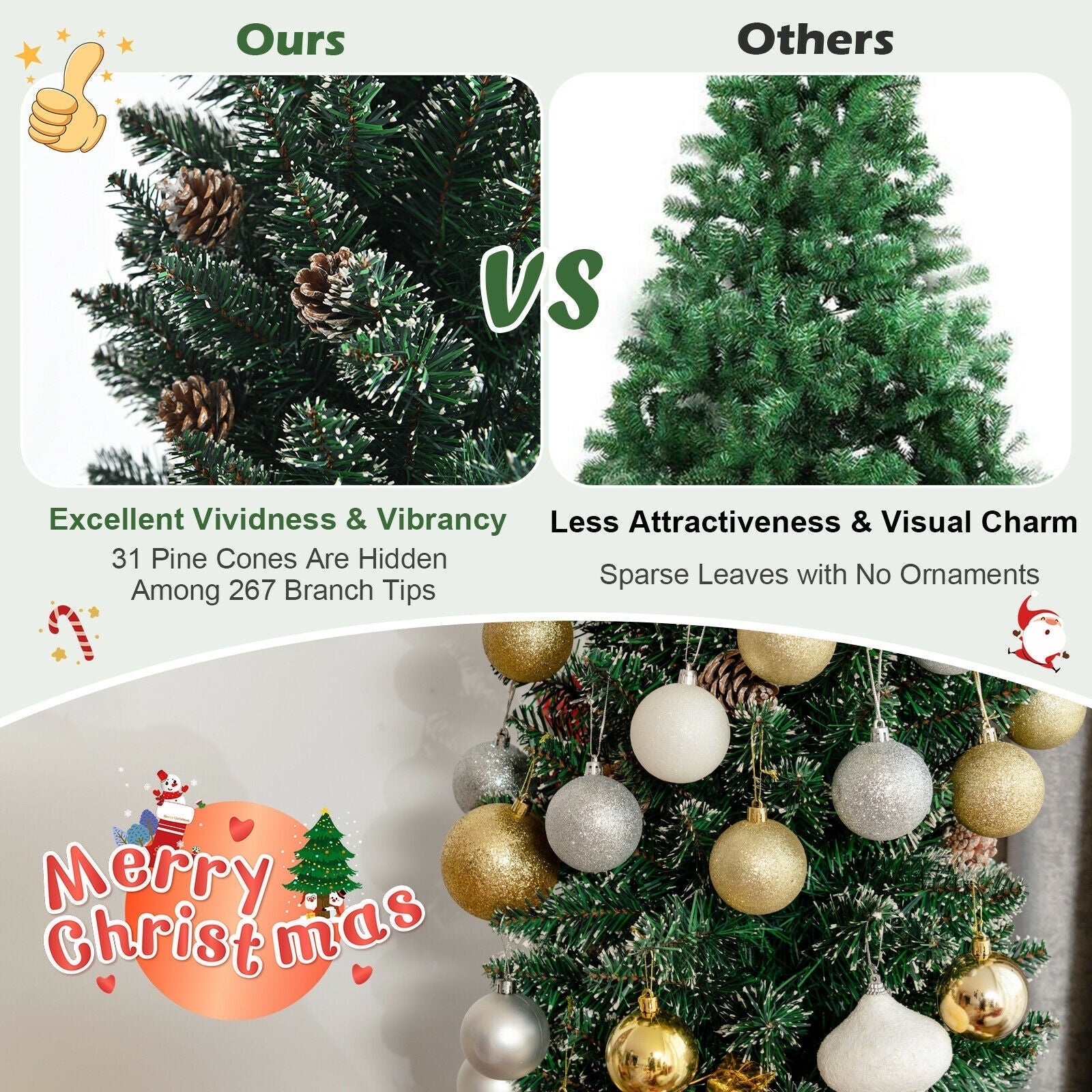 Snowy artificial pencil Christmas tree with pine cones, green needles, DirectDeals brand on Tampa Home & Garden Store