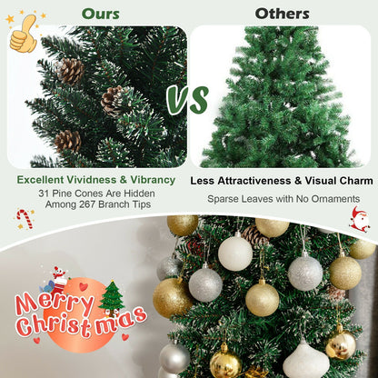 Snowy artificial pencil Christmas tree with pine cones, green needles, DirectDeals brand on Tampa Home & Garden Store
