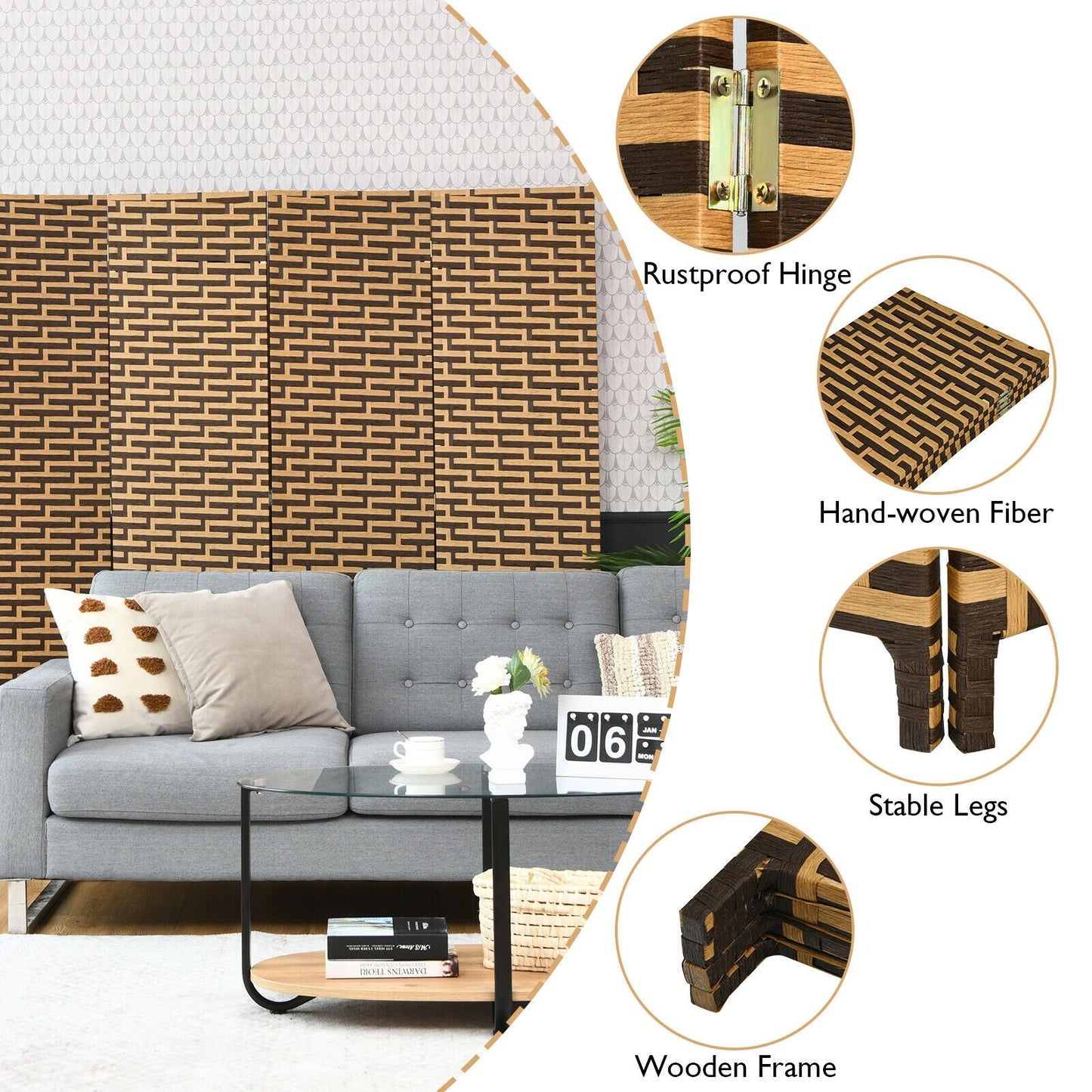 Divisor de ambiente biombo plegable de 4 paneles con bisagra inoxidable - Amarillo