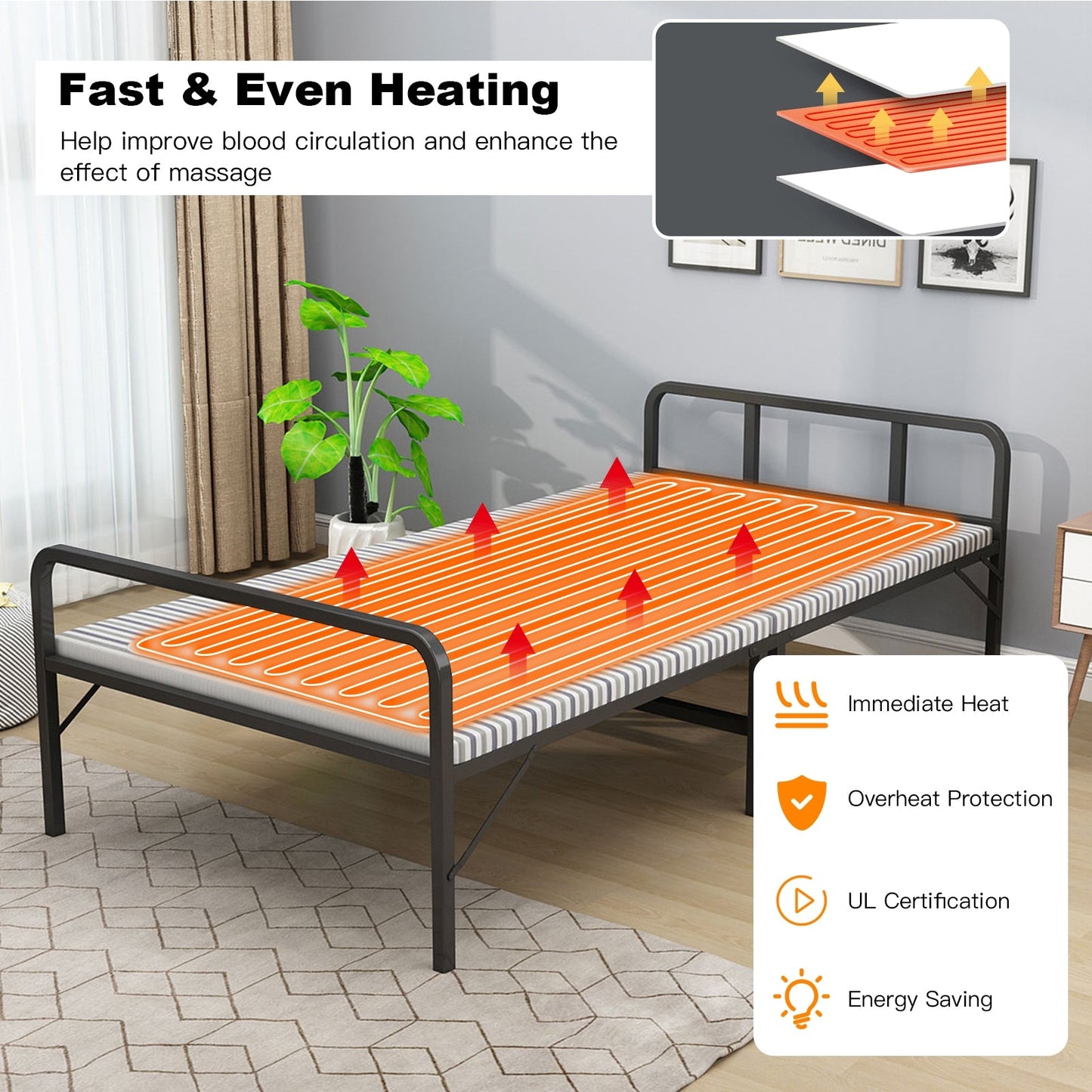 Calentador de cama de masaje de 71 x 31 pulgadas con 5 ajustes de calor