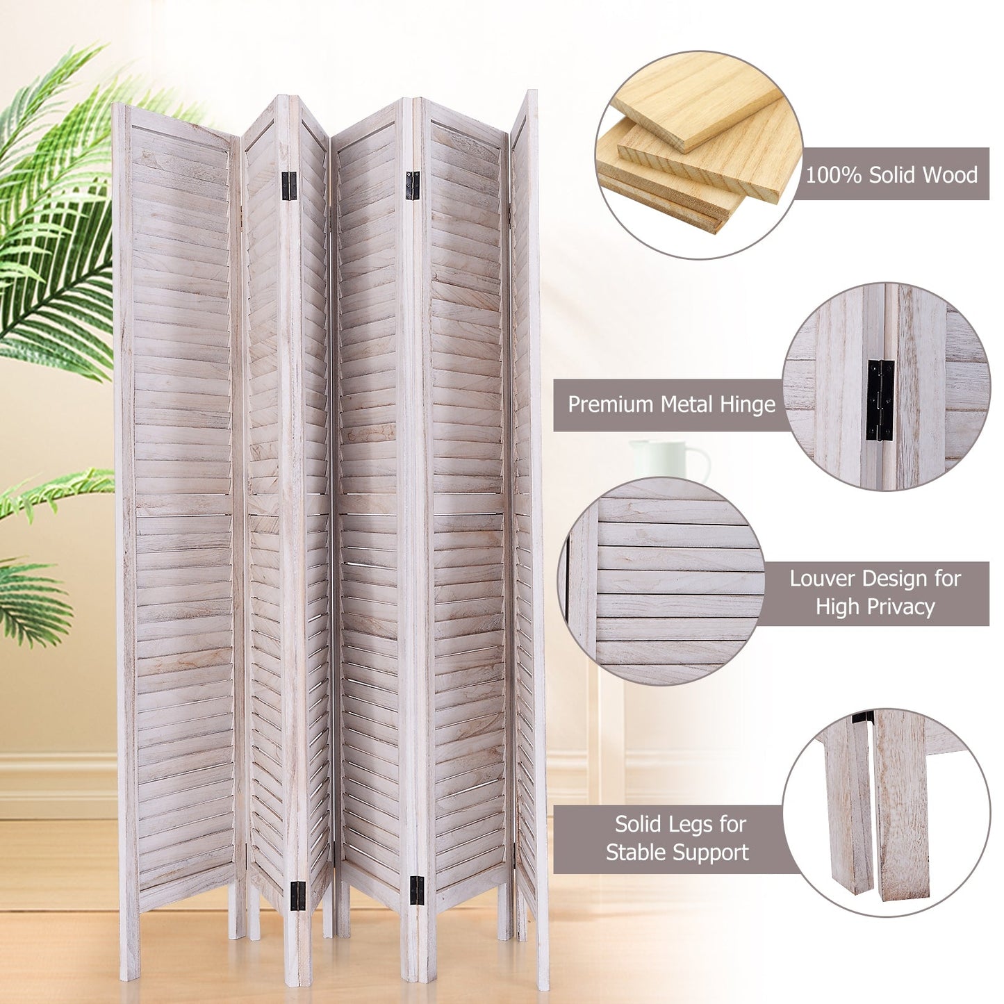 Pantalla divisoria de madera de 6 paneles estilo veneciano con lamas clásicas - Blanca