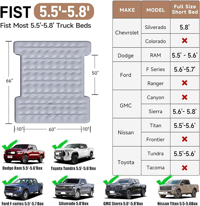Umbrauto Truck Bed Air Mattress 5.5-6.5ft built-in pump for trucks, 60x50in footprint on Tampa Home & Garden Store