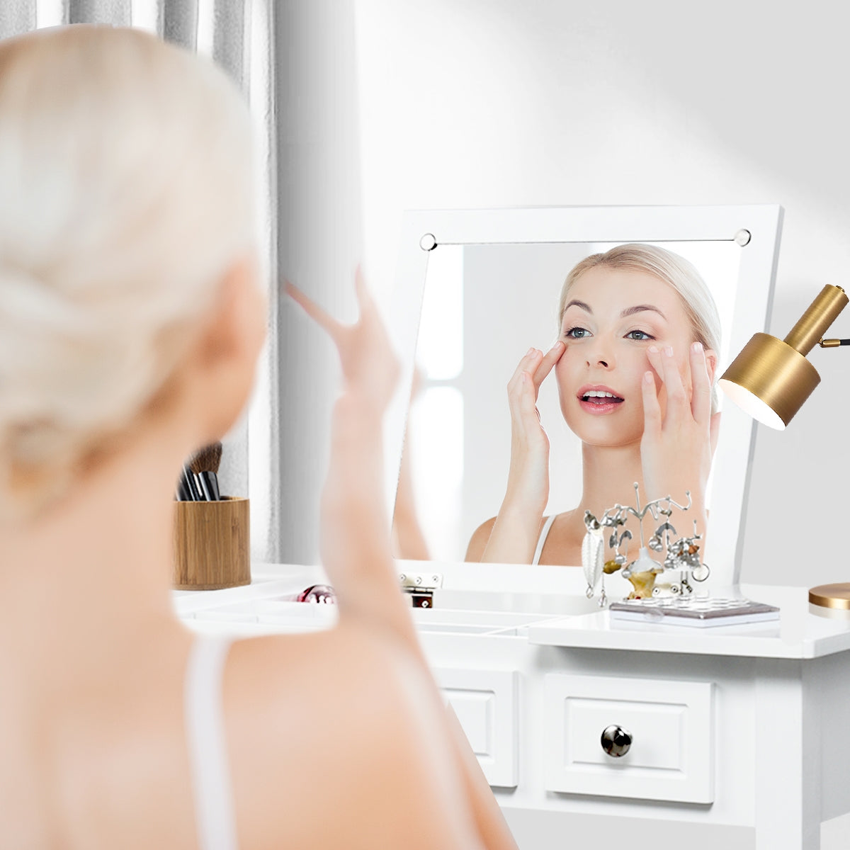 Juego de tocador con espejo elevable y 3 cajones