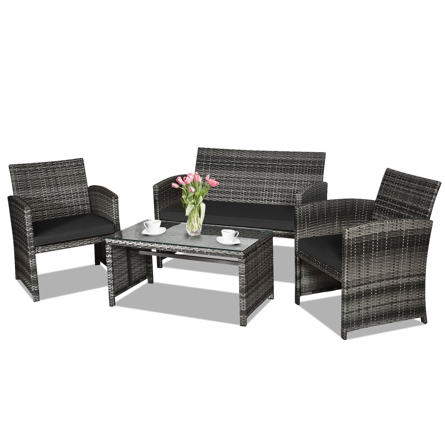 Juego de muebles de patio de ratán de 4 piezas con mesa de vidrio y sofá biplaza - Negro
