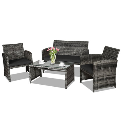 Juego de muebles de patio de ratán de 4 piezas con mesa de vidrio y sofá biplaza - Negro
