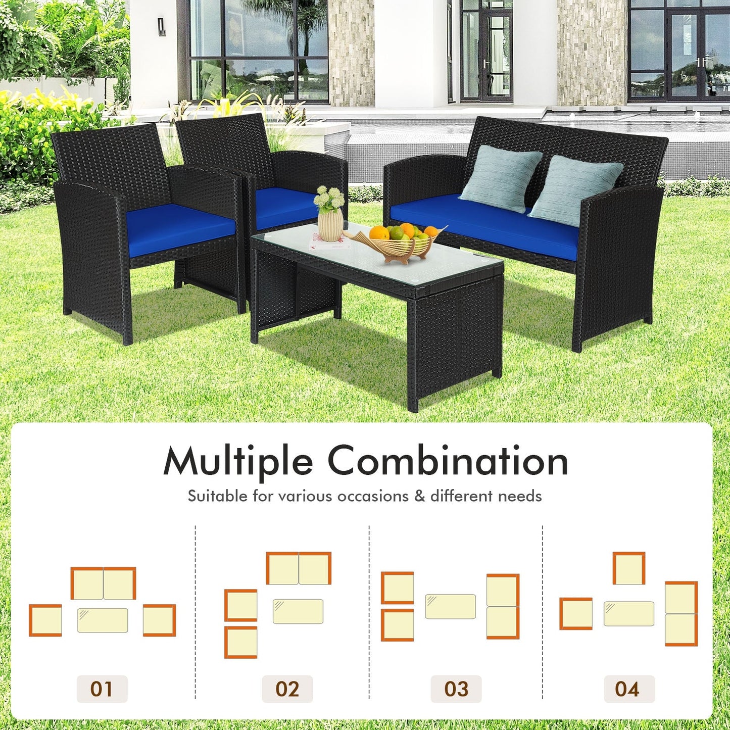 Juego de Muebles de Patio de Ratán de 4 Piezas con Cojines Resistentes al Clima y Mesa con Cubierta de Vidrio Templado-Azul Marino