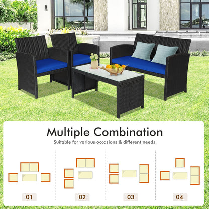Juego de Muebles de Patio de Ratán de 4 Piezas con Cojines Resistentes al Clima y Mesa con Cubierta de Vidrio Templado-Azul Marino
