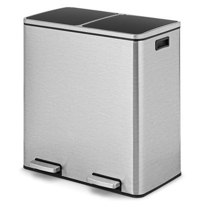 Cubo de basura doble de 60 litros para reciclaje con pedal - Plateado
