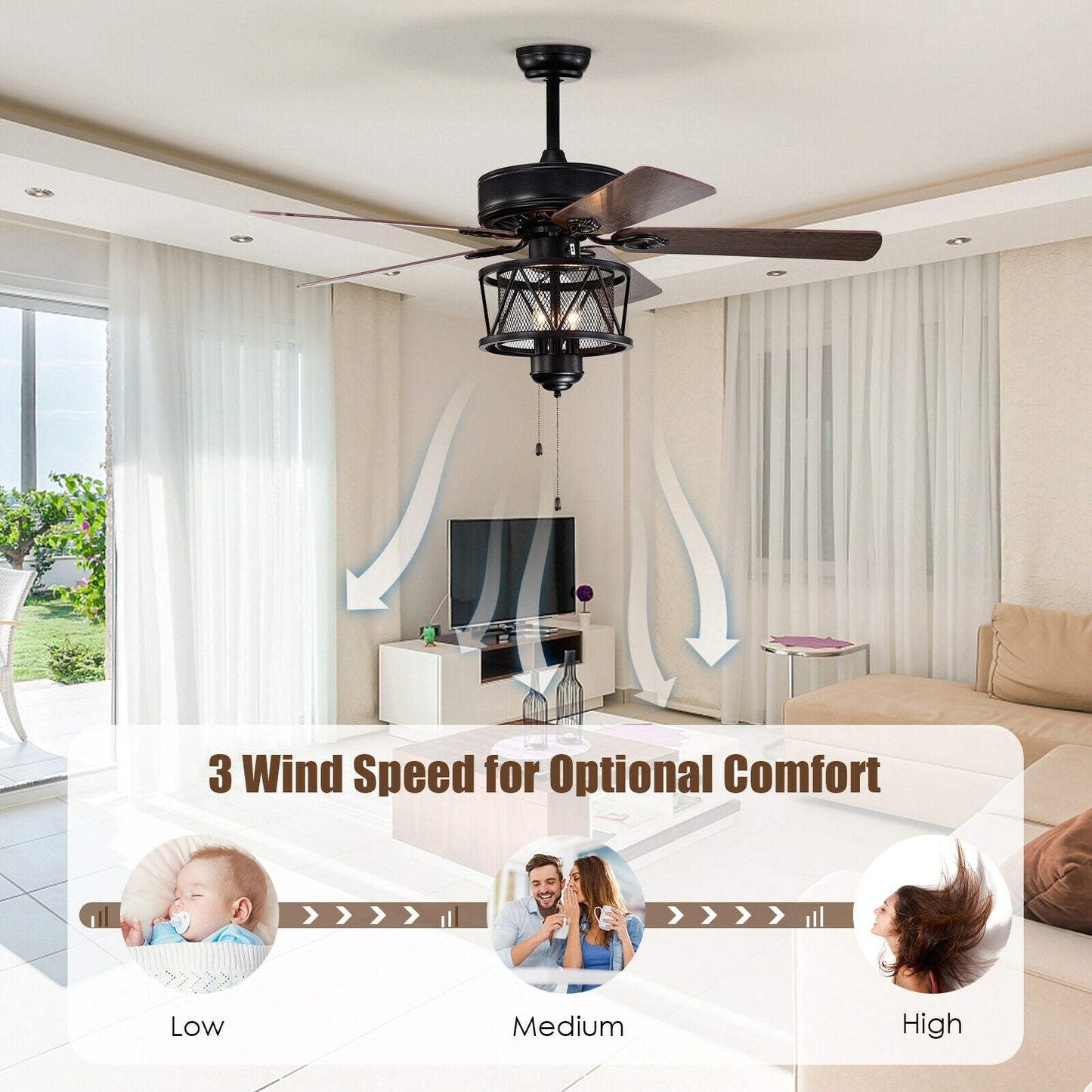 Ventilador de techo de 50 pulgadas con luces, aspas reversibles y control de cadena - Negro