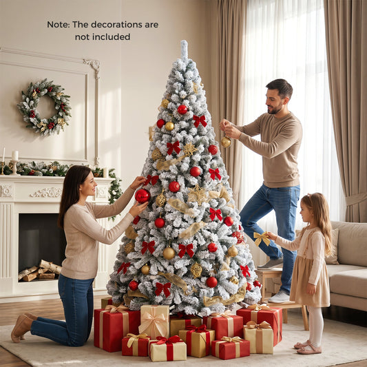 Snow-flocked 9 ft artificial Christmas tree with metal stand by DirectDeals, red bows on Tampa Home & Garden Store