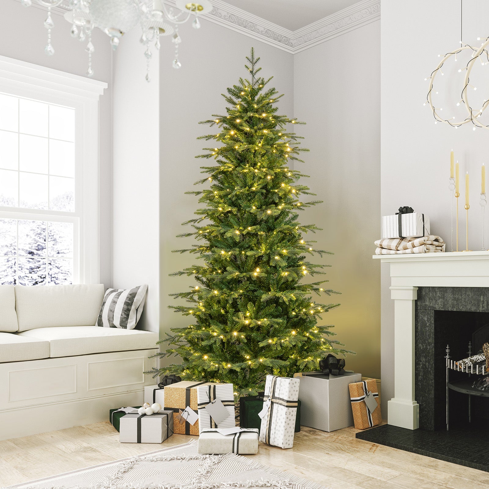 DirectDeals 7.5 ft pre-lit artificial Christmas tree with white LED lights in living room on Tampa Home & Garden Store