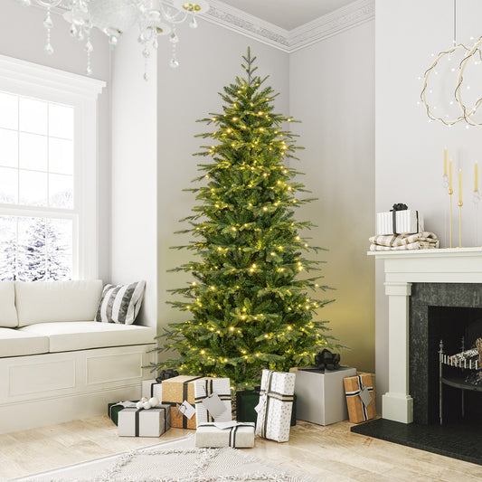 DirectDeals 7.5 ft pre-lit artificial Christmas tree with white LED lights in living room on Tampa Home & Garden Store