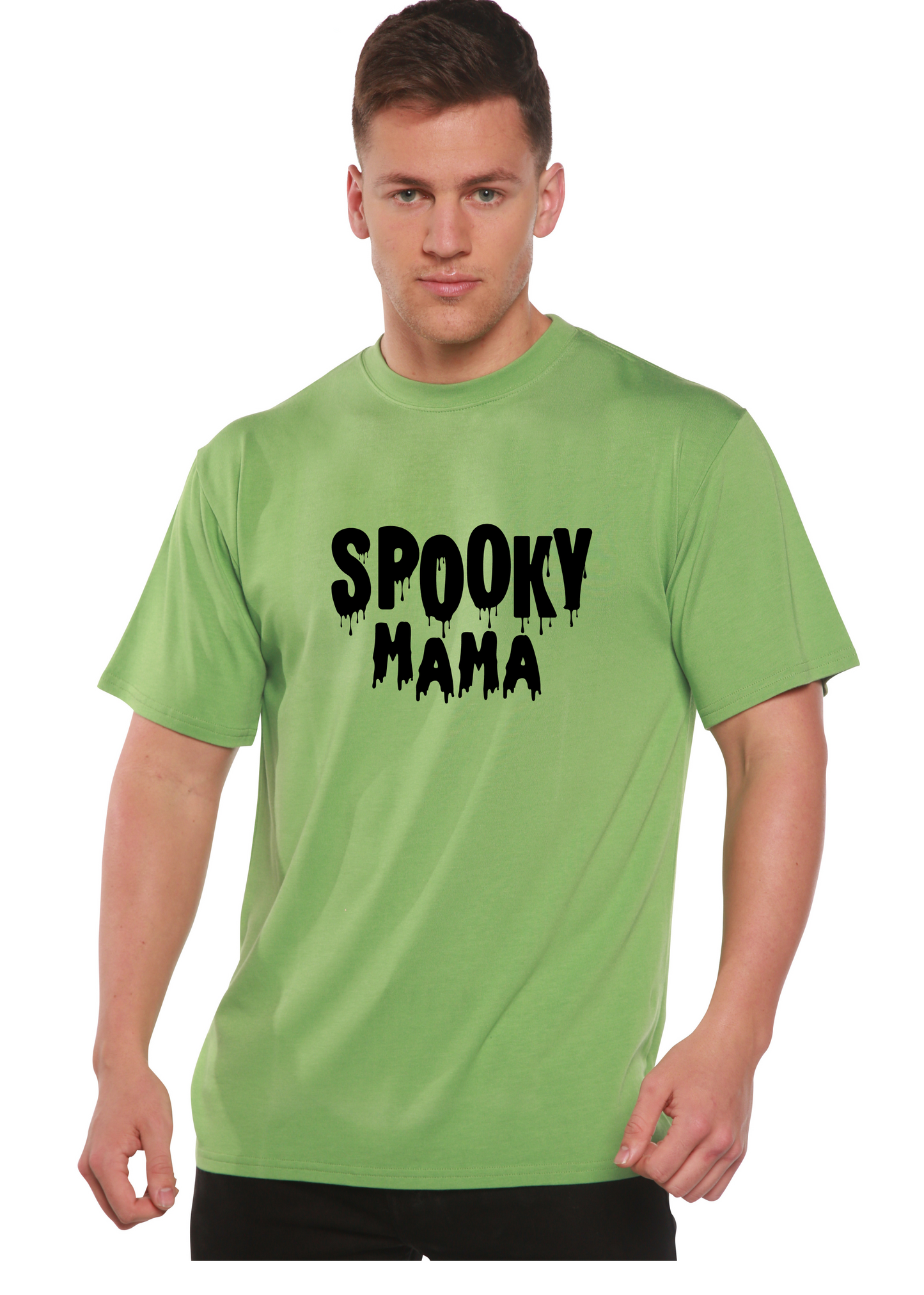 Spooky Mama men's bamboo viscose/organic cotton tee lime green with dripping SPOOKY MAMA on Tampa Home & Garden Store