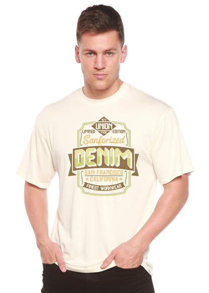 Mens Sanforized Denim graphic T-shirt in cream bamboo viscose cotton blend by Spun Bamboo on Tampa Home & Garden Store