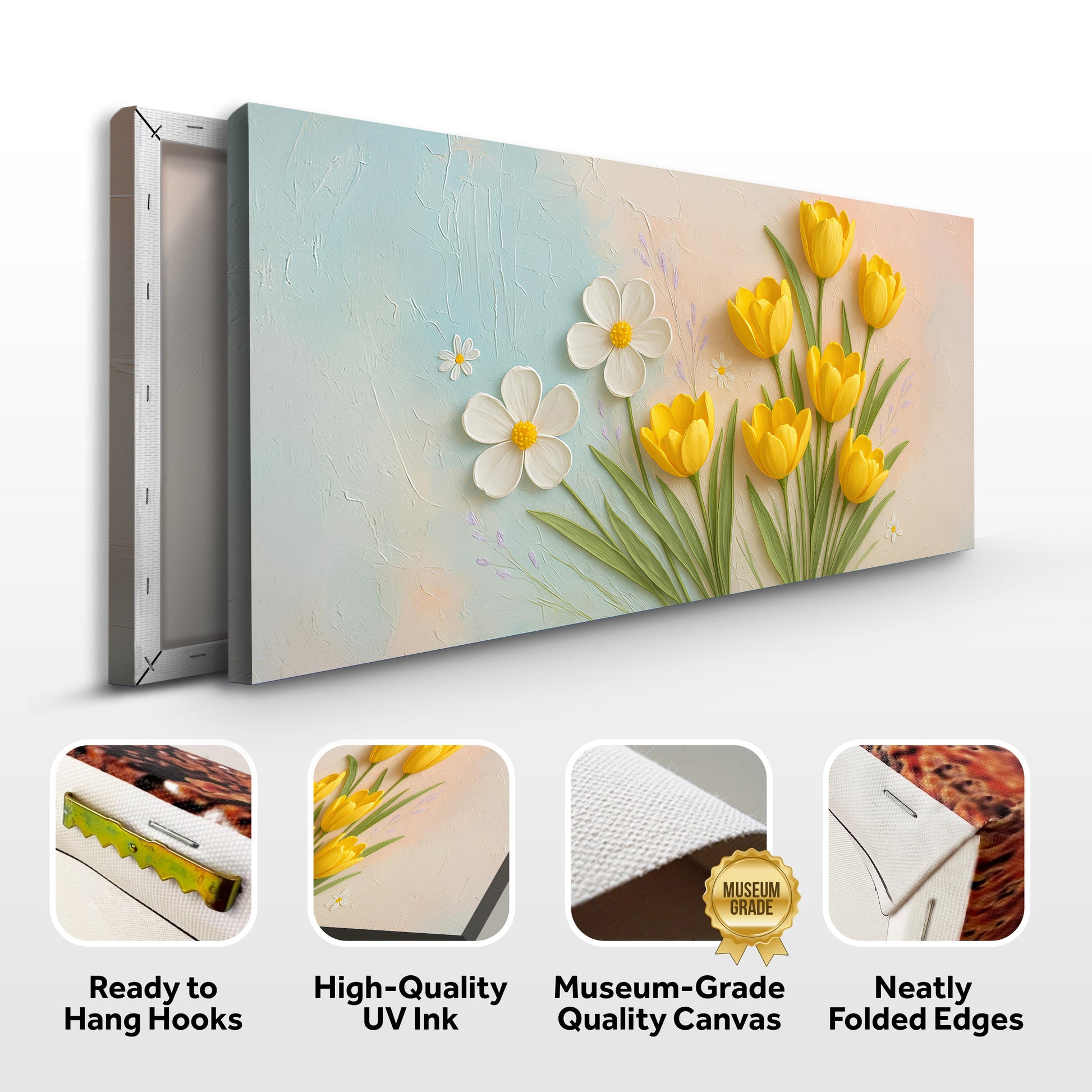 Floral Wall Art II canvas by Tailored Canvases in pastel blue to peach with yellow tulips on Tampa Home & Garden Store