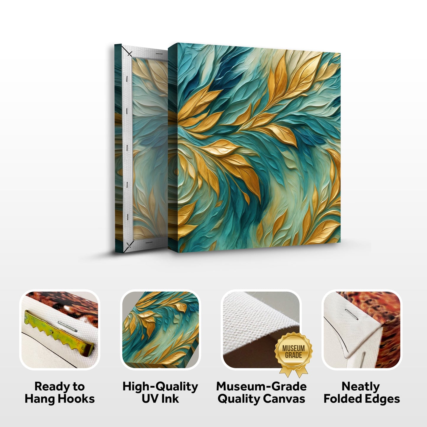 Abstract Gold And Blue Frosty Wall Art canvas by Tailored Canvases with teal and gold textures on Tampa Home & Garden Store
