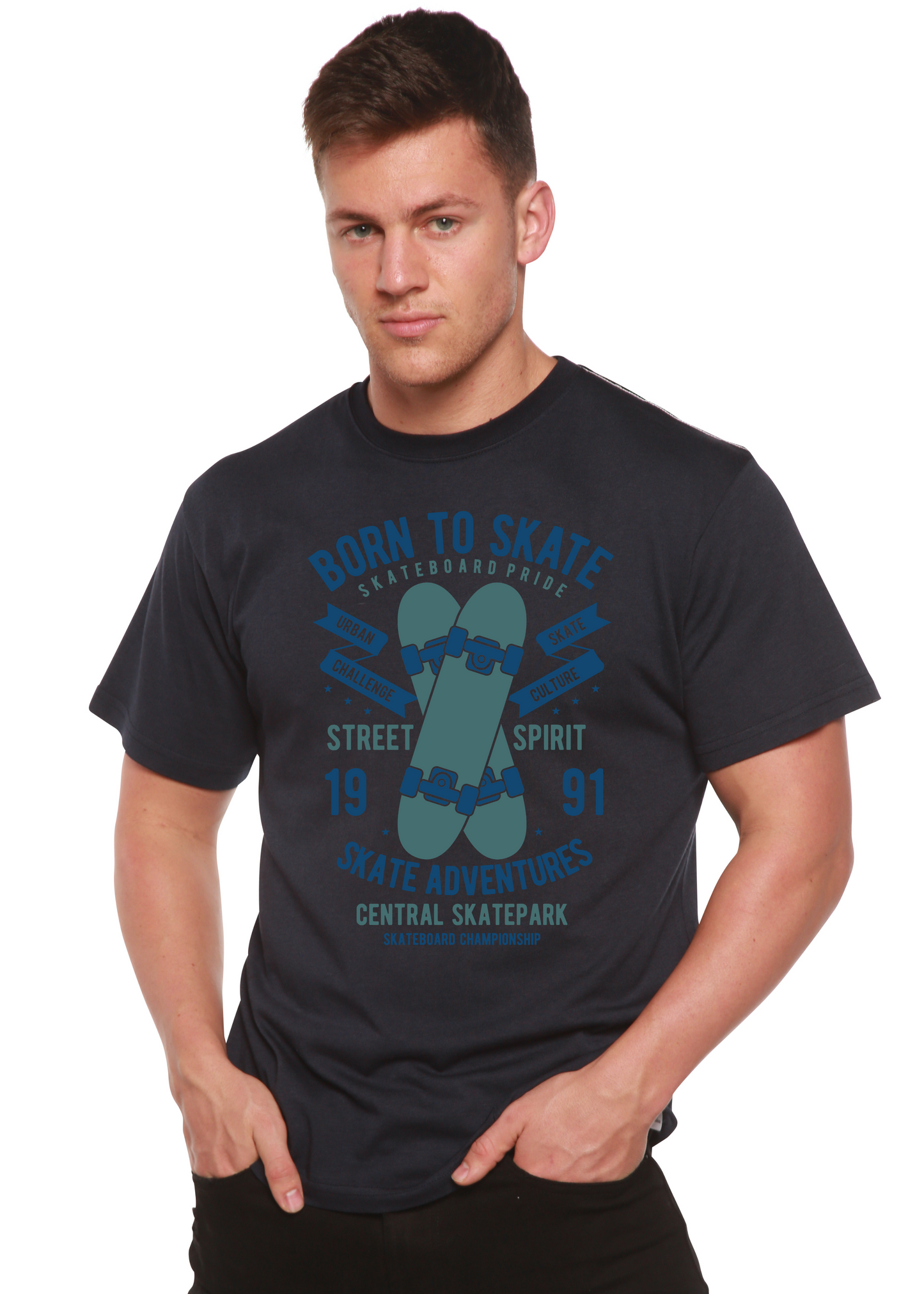 Born To Skate men's T-shirt navy short sleeve Spun Bamboo bamboo viscose/organic cotton on Tampa Home & Garden Store