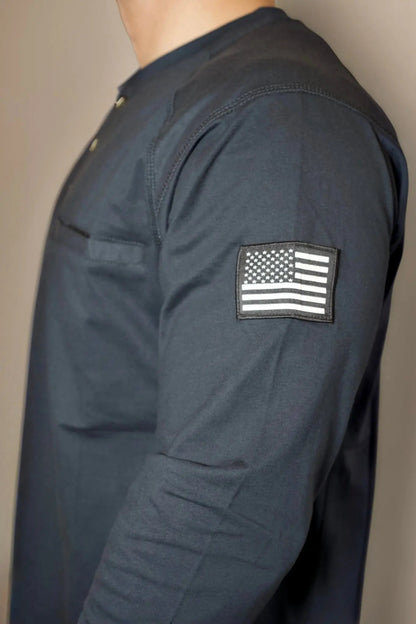 FR 3-Button Henley Shirt Black by Static FR with US flag patch on sleeve on Tampa Home & Garden Store