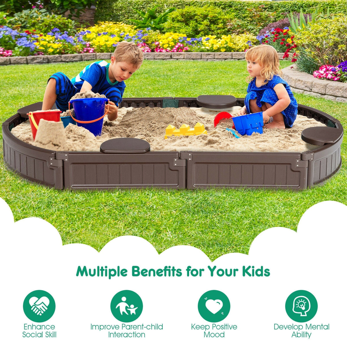 Brown plastic sandbox with built-in corner seats and bottom liner, kids play in sand with buckets on Tampa Home & Garden Store