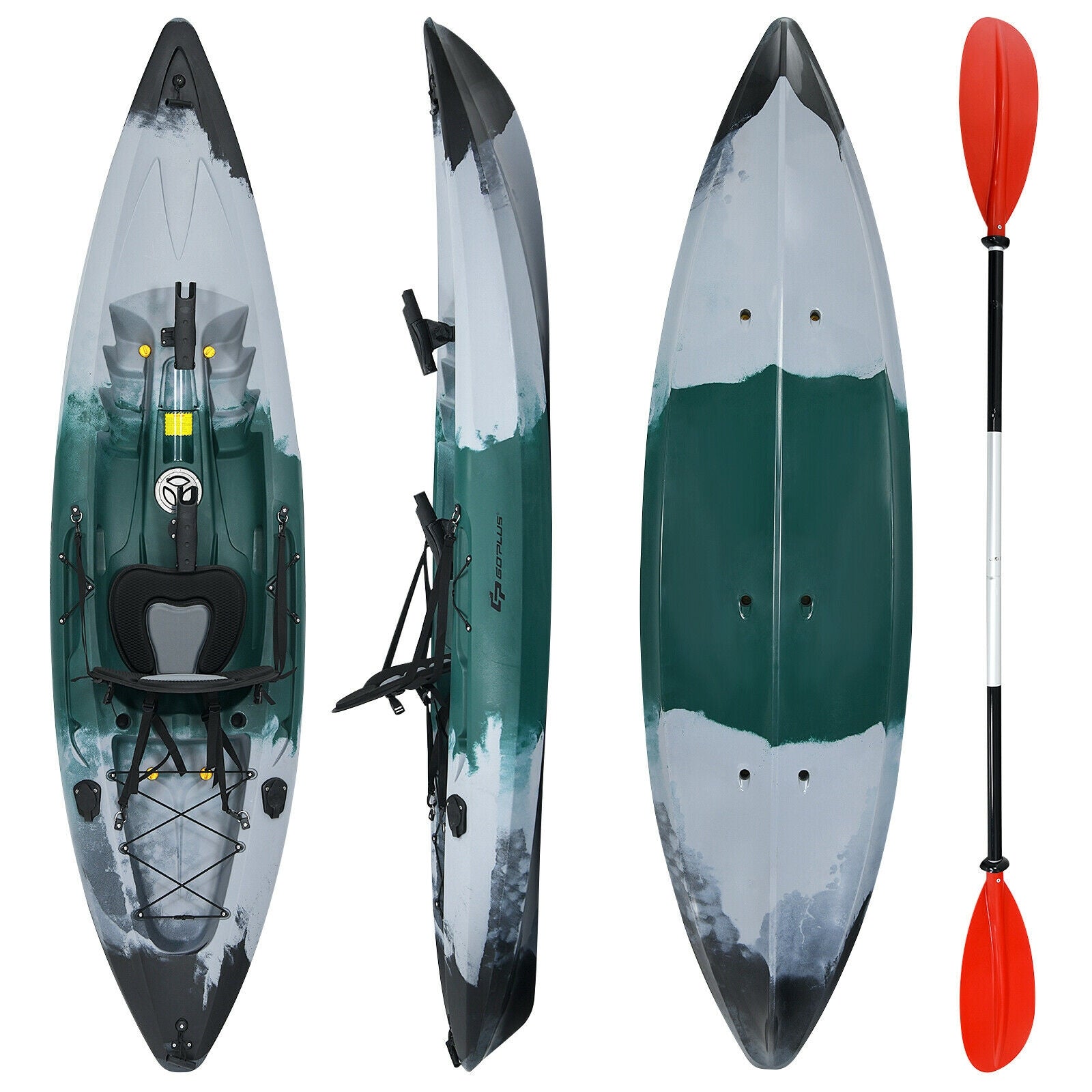 GemGear Sit-on-Top Fishing Kayak with rod holders and paddle, gray-green hull on Tampa Home & Garden Store