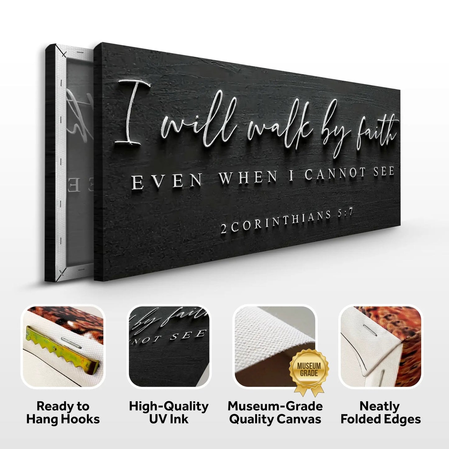 I Will Walk By Faith canvas sign with black texture and white script 2 Corinthians 5:7 on Tampa Home & Garden Store