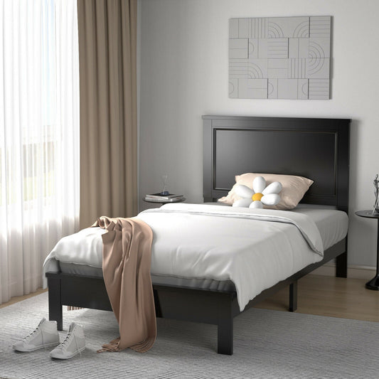 Twin Size Platform Bed Frame with Rubber Wood Leg-Black - Tampa Home & Garden Store