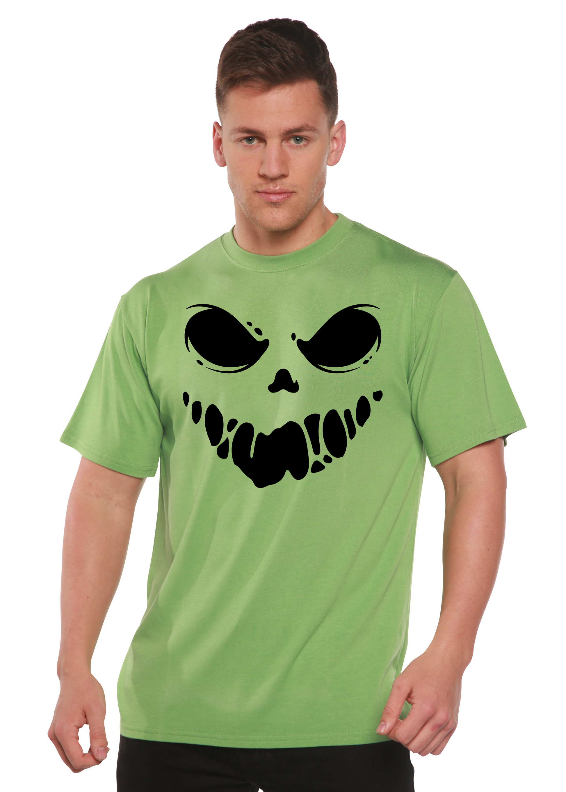 Men's Halloween Boo green graphic T-shirt with black skull by Spun Bamboo short sleeve on Tampa Home & Garden Store