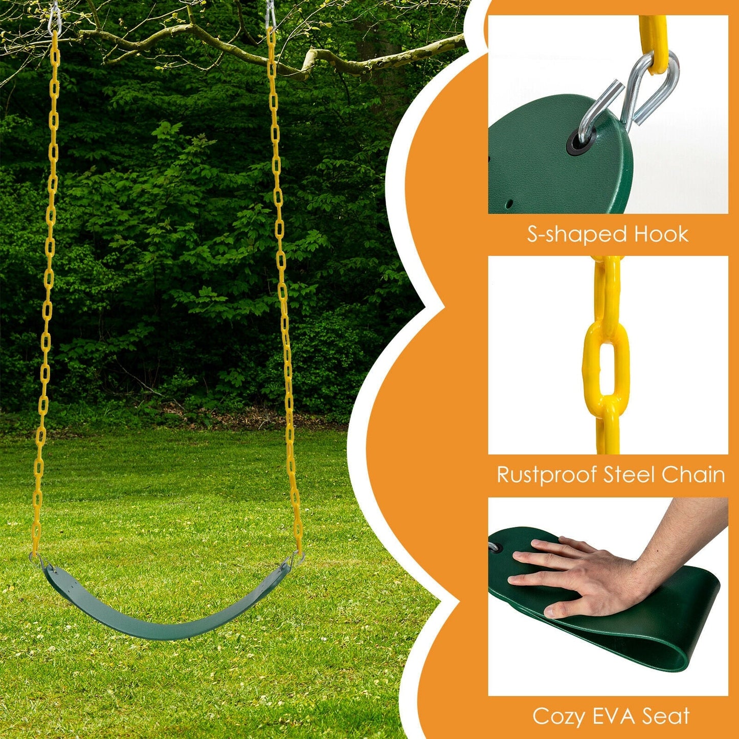 2-pack green saucer swing seats with yellow chains for playsets; rustproof steel chain and EVA seat on Tampa Home & Garden Store