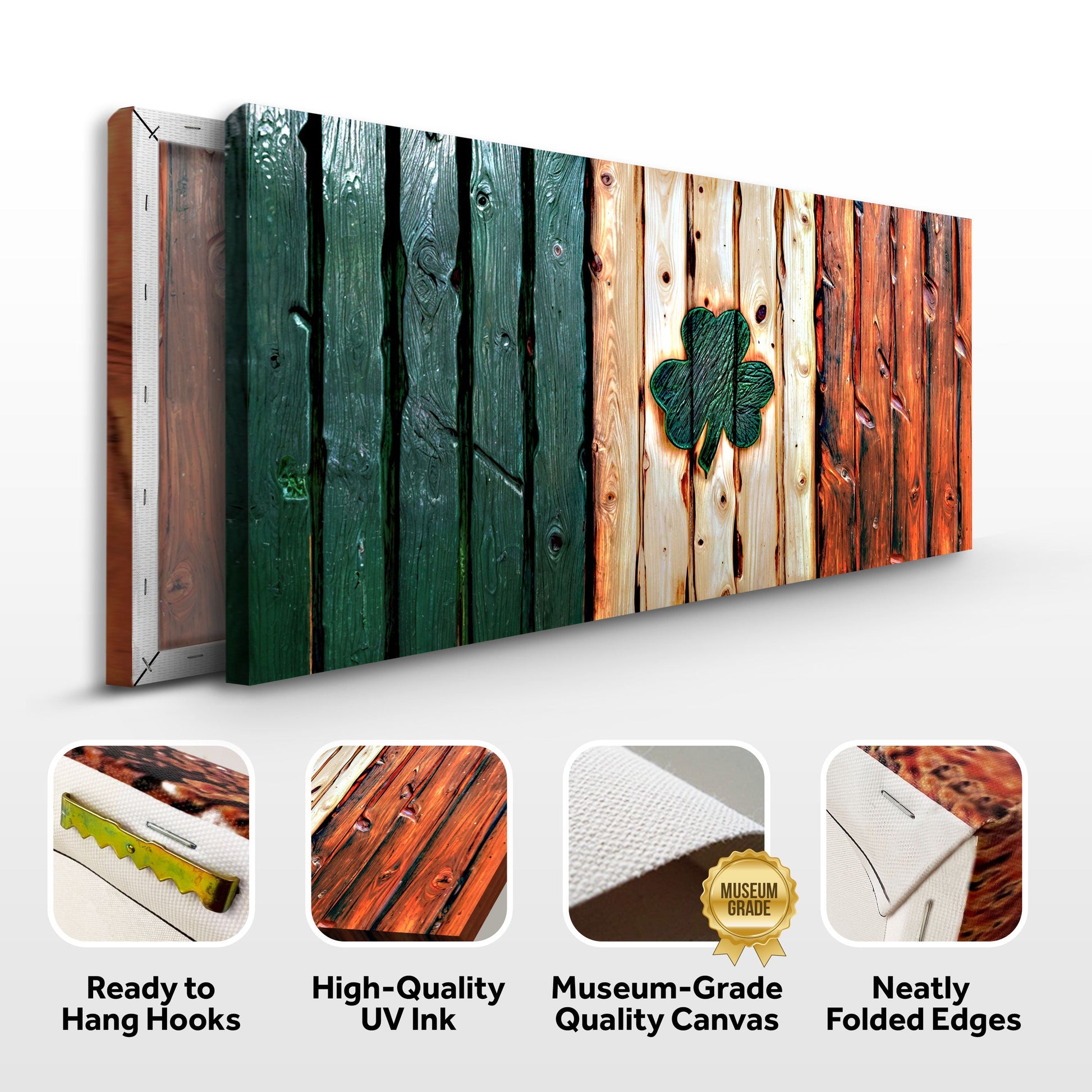 Irish Shamrock Glory wooden flag wall art canvas with green and natural wood planks on Tampa Home & Garden Store