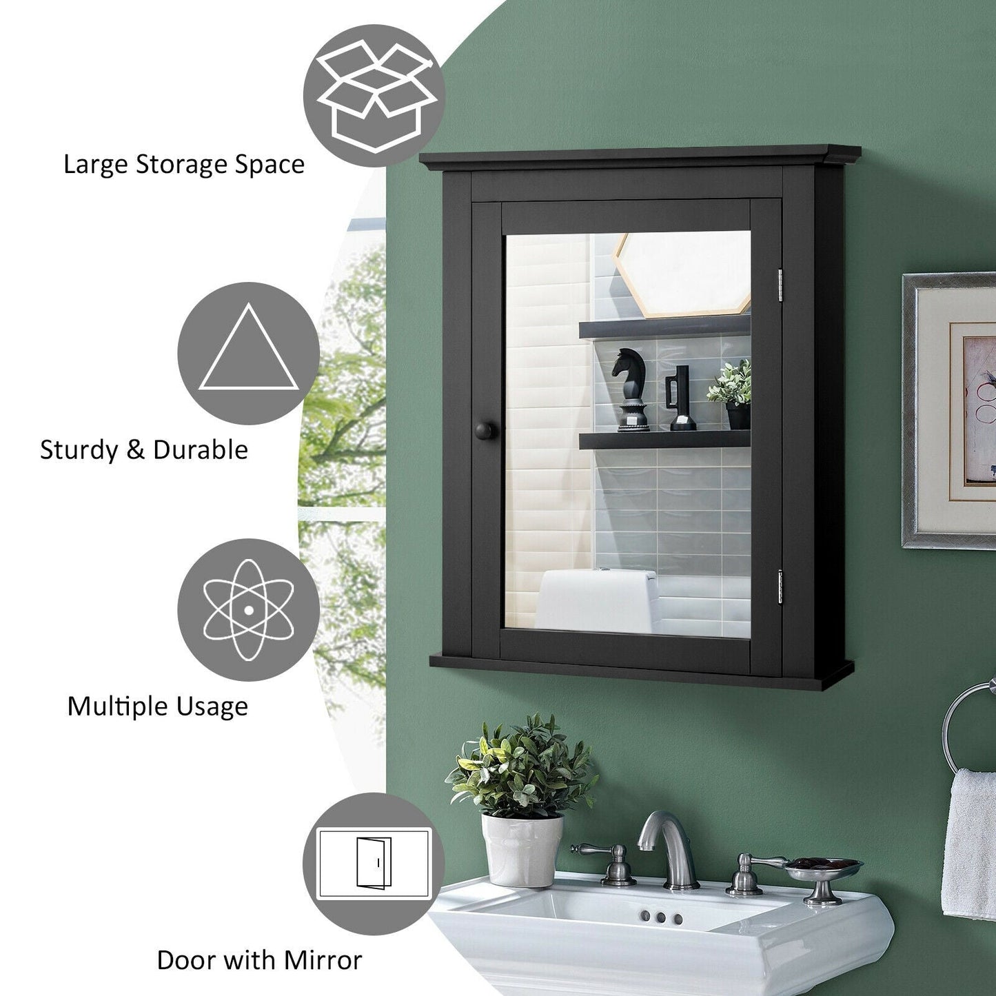 Armario con espejo de baño montado en la pared con estante ajustable en altura de 5 niveles - Negro