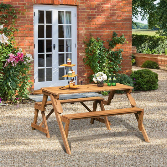 2-in-1 Transforming Interchangeable Wooden Picnic Table Bench with Umbrella Hole-Dark Brown - Tampa Home & Garden Store