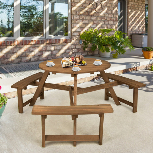 6-person Round Wooden Picnic Table with Umbrella Hole and 3 Built-in Benches-Dark Brown - Tampa Home & Garden Store