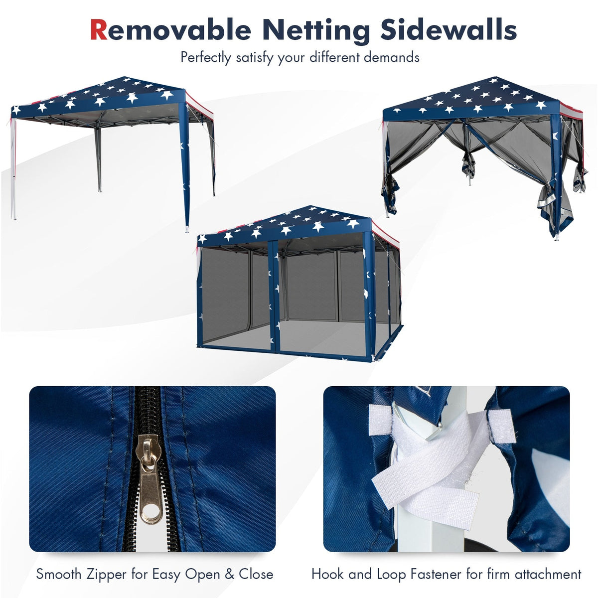 GemGear 10 ft x 10 ft pop-up canopy tent set of 3 with blue top and mesh netting sidewalls on Tampa Home & Garden Store