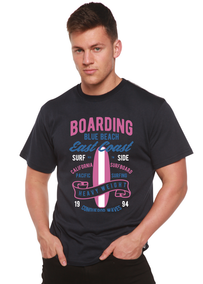 Boarding Blue Beach men's graphic T-shirt bamboo viscose/organic cotton navy surf design on Tampa Home & Garden Store