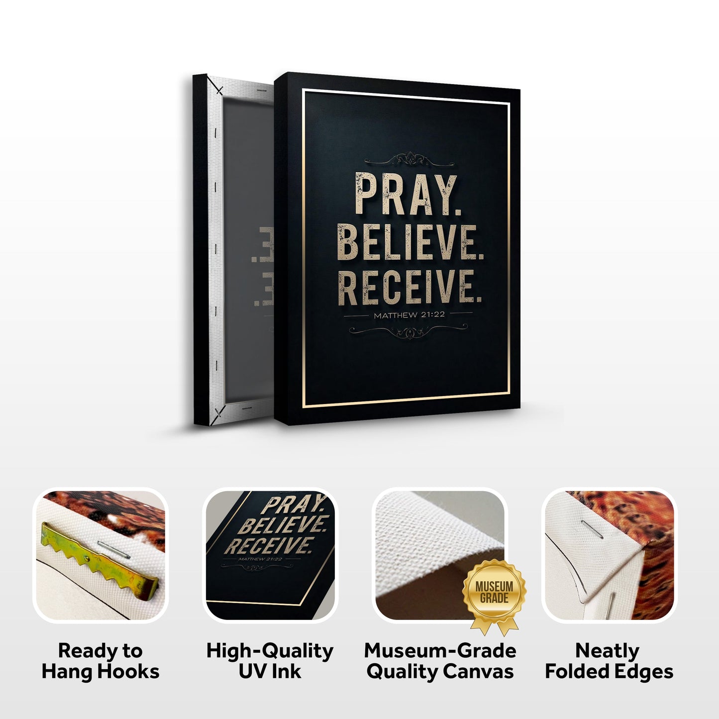 Canvas by Tailored Canvases: Matthew 21:22 Pray Believe Receive, black with text and gold trim on Tampa Home & Garden Store